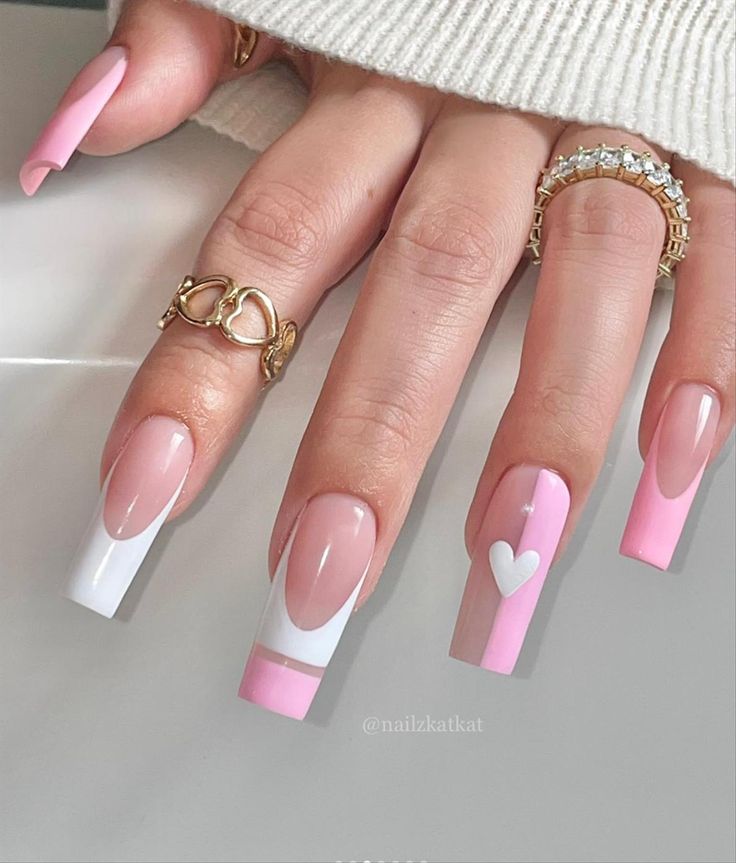 Sophisticated Pastel Nail Design with Ombre and Heart Accents