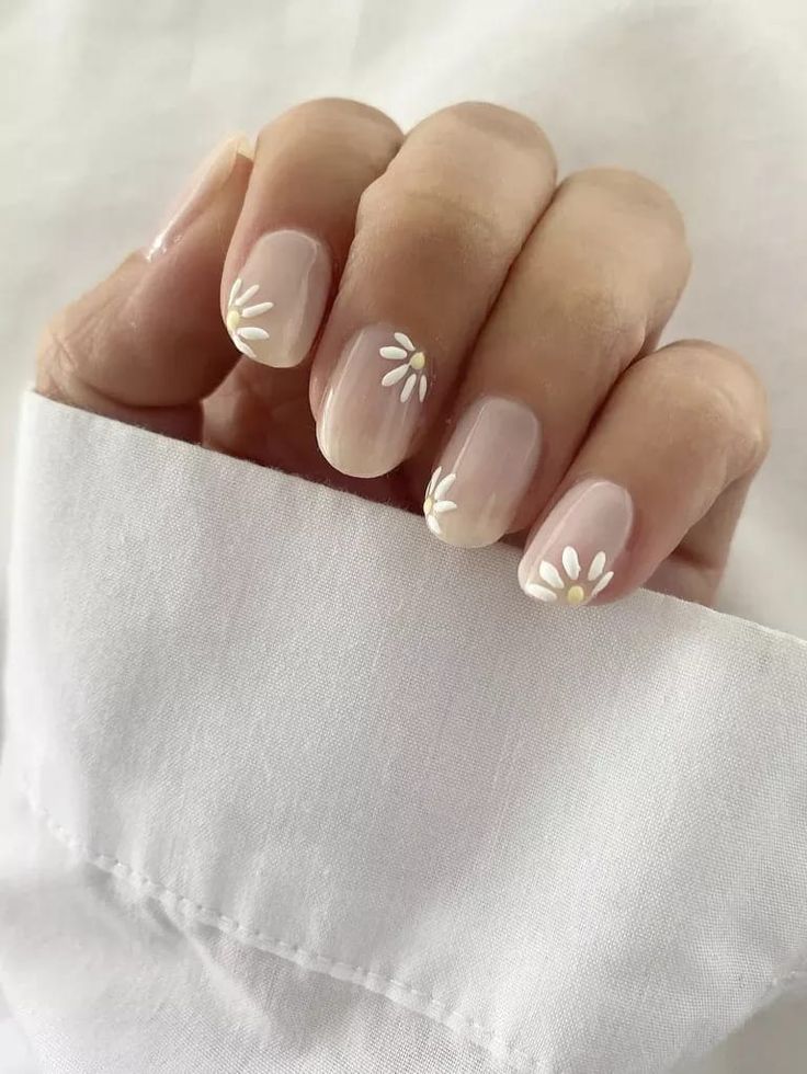 Elegant Nude Nail Design with Subtle White Floral Accents