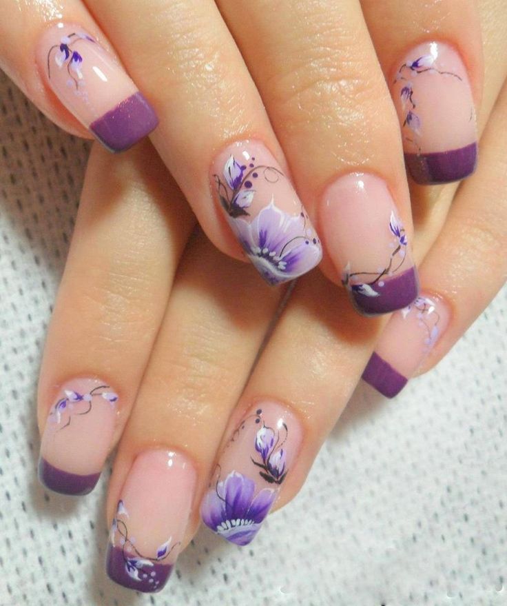 Elegant Floral Nail Design with Natural Gradient and Purple French Tip