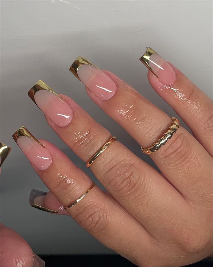 Chic Nude and Gold Acrylic Nails with Modern French Tips for Any Occasion