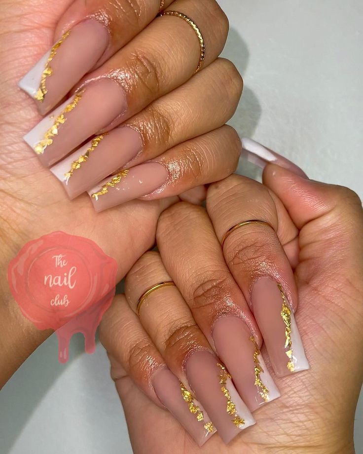 Chic Matte Nude and Glossy White Nail Design with Gold Foil Accents