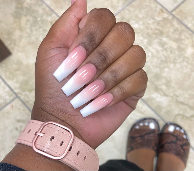 Sophisticated Elegant Ombre Nails: Soft Pink to Pristine White with Long Square Shape.