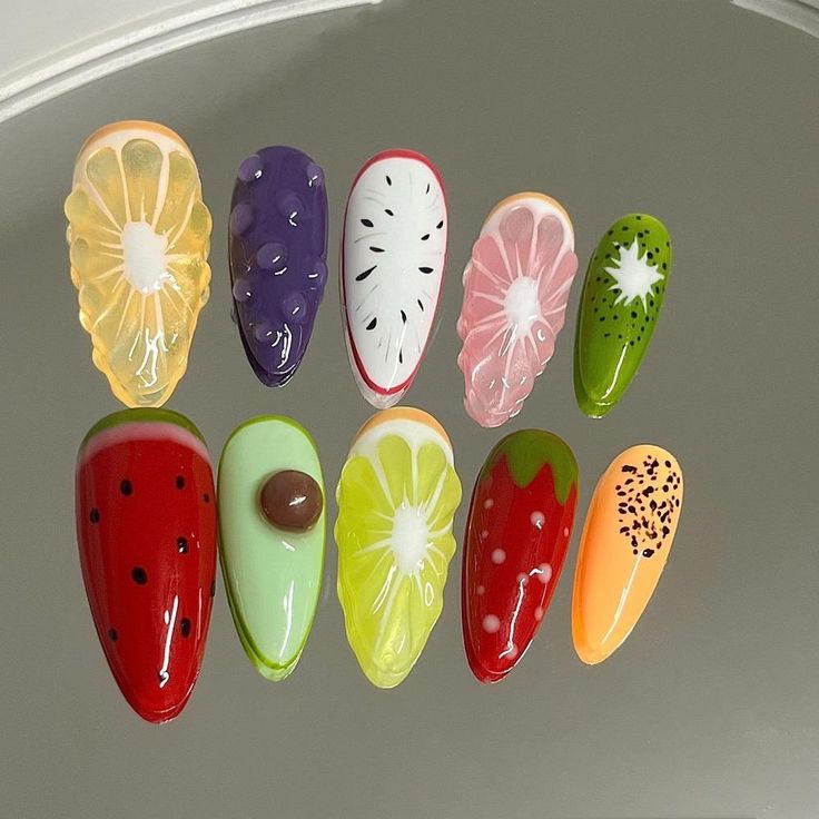 Vibrant Fruit-Inspired Nail Designs: Playful Patterns for a Refreshing Touch.