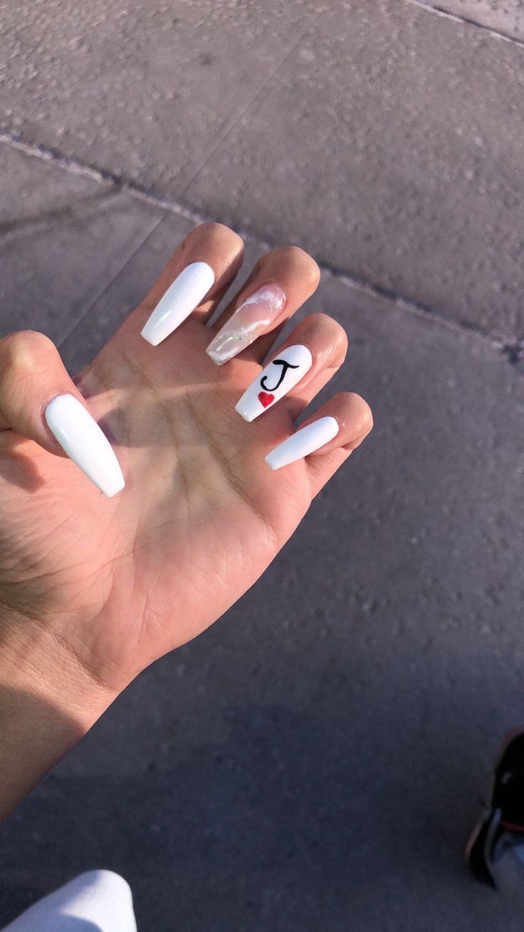 Chic Elegant Long Nails with Glossy White Base, Ombre Accent, and Personalized Heart Detail.