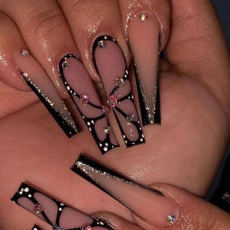 All Black Acrylic Nails With Rhinestones