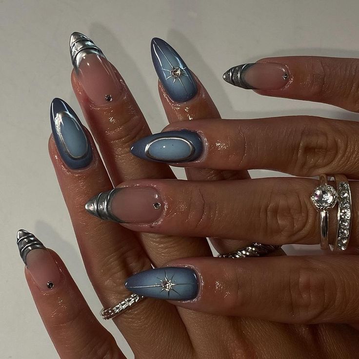 Chic Ombre Almond-Shaped Nails with Cool Blues, Silver Tips, and Gemstone Accents