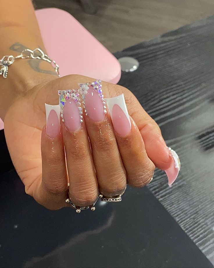 Chic Soft Pink and White Rhinestone French Tip Nail Design