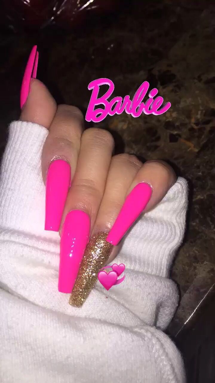 Bold and Glamorous Vibrant Pink Nails with Sparkling Gold Accent