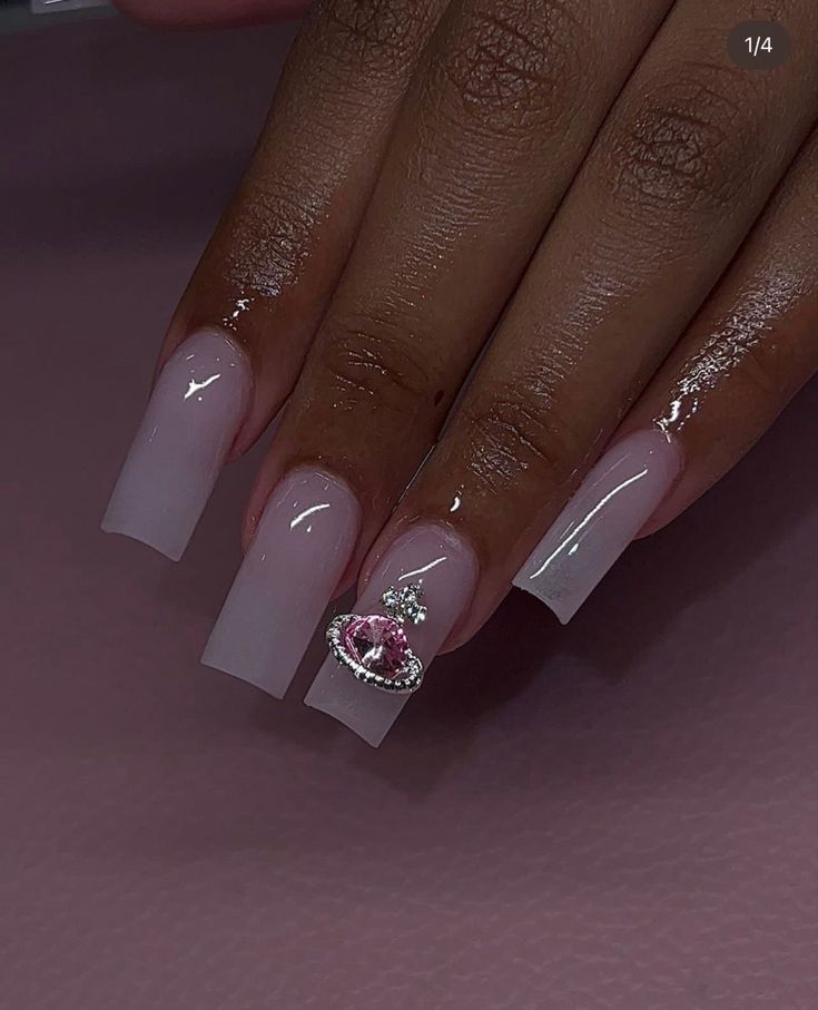 Chic Ombre Long Nails with Glamorous Pink Gem Crown Accent.