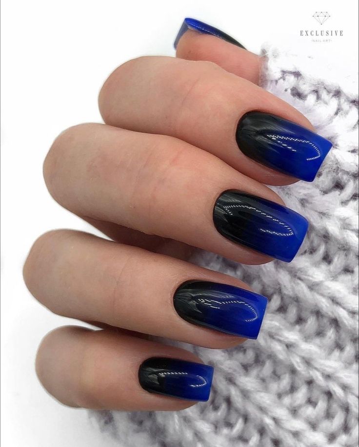 Elegant Bold Nail Design: Striking Deep Blue and Glossy Black Gradient on Modern Square Nails.