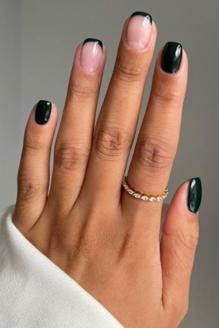 Chic Modern French Manicure with Glossy Dark Green and Nude Shades.