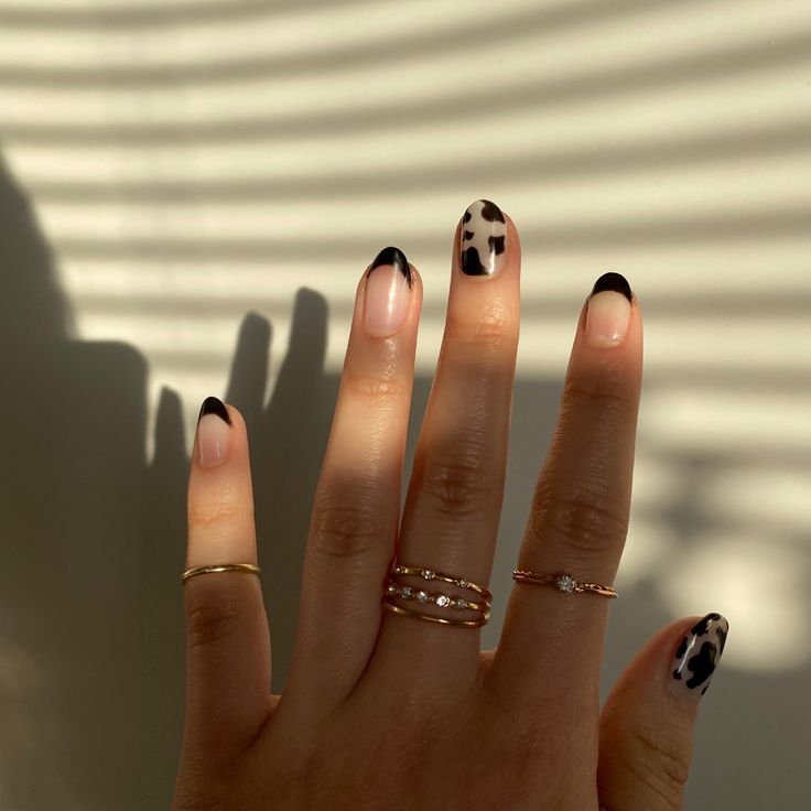 Elegant Nail Design: Sleek Black Tips with Playful Cow Print Accents.