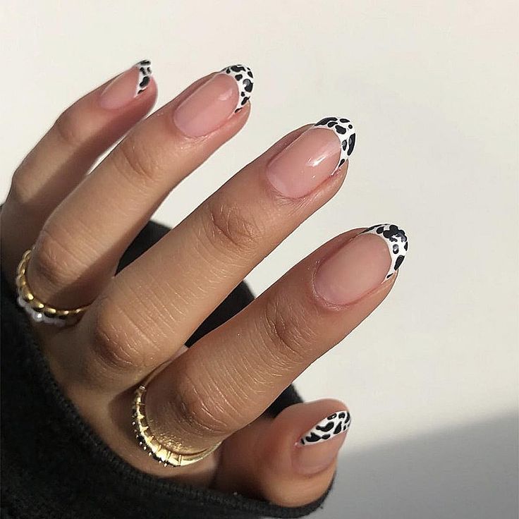 Chic Nude Nail Design with Playful Leopard Print Tips and Elegant Gold Accents.