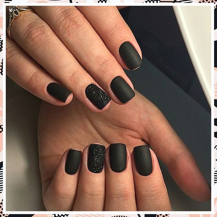 Bold Black Matte Nails with Glitter Accent for Elegant Chic Style.