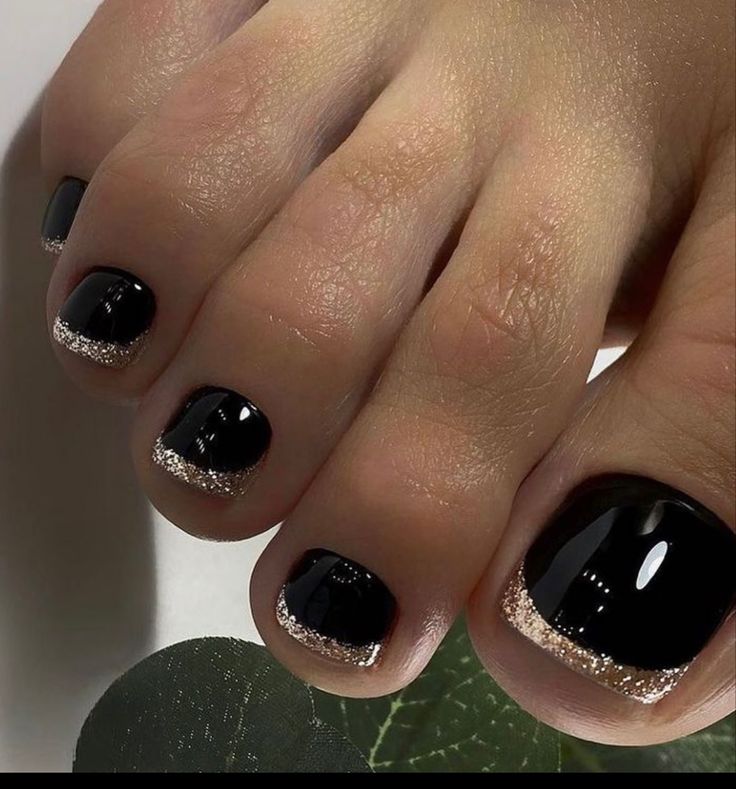 Chic Elegant Black Pedicure with Glittery Tips for Any Occasion