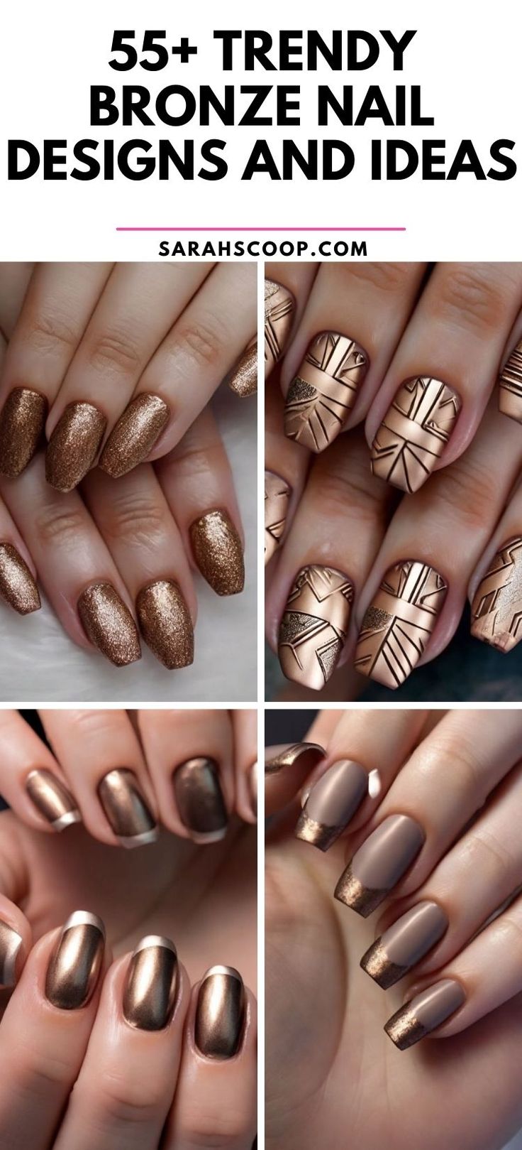 Elevate Your Style with Elegant Bronze Nail Designs Featuring Textures, Glitter, and Geometric Patterns.