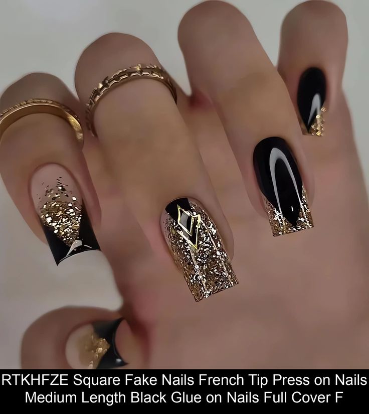 Chic Black and Gold French Tip Nail Design with Glitter and Geometric Patterns.