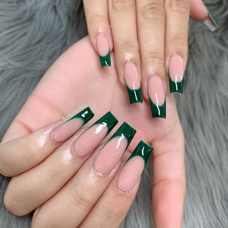 Chic Ombre Nail Design with Vibrant Green French Tips for a Bold Statement.