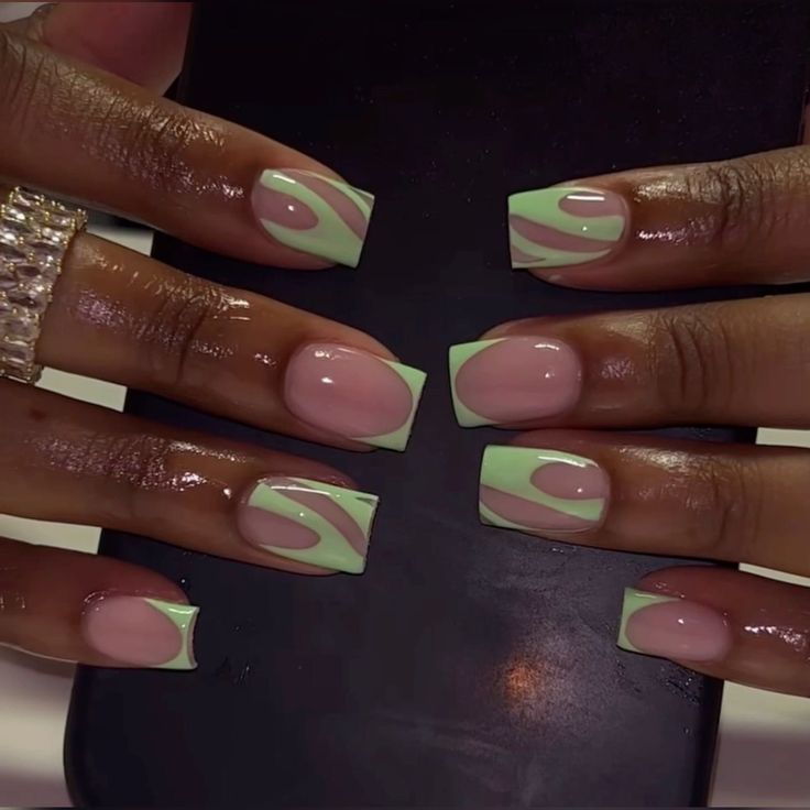 Modern Playful Nail Design in Soft Pink and Mint Green with Glossy Finish.