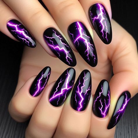 Edgy Lightning-Inspired Nail Design: Bold Black with Striking Purple Bolts