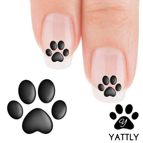 Cute Black Paw Print Nail Design on Clear or Nude Base for Animal Lovers.