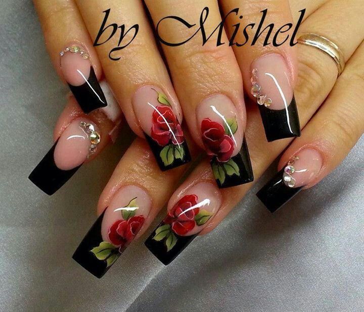 Elegant Nude and Black Nail Design with Hand-Painted Roses and Rhinestones.