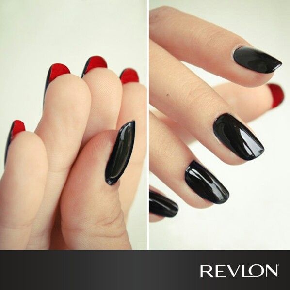 Chic Nail Design: Glossy Black and Bold Red Tips for an Elegant Statement.