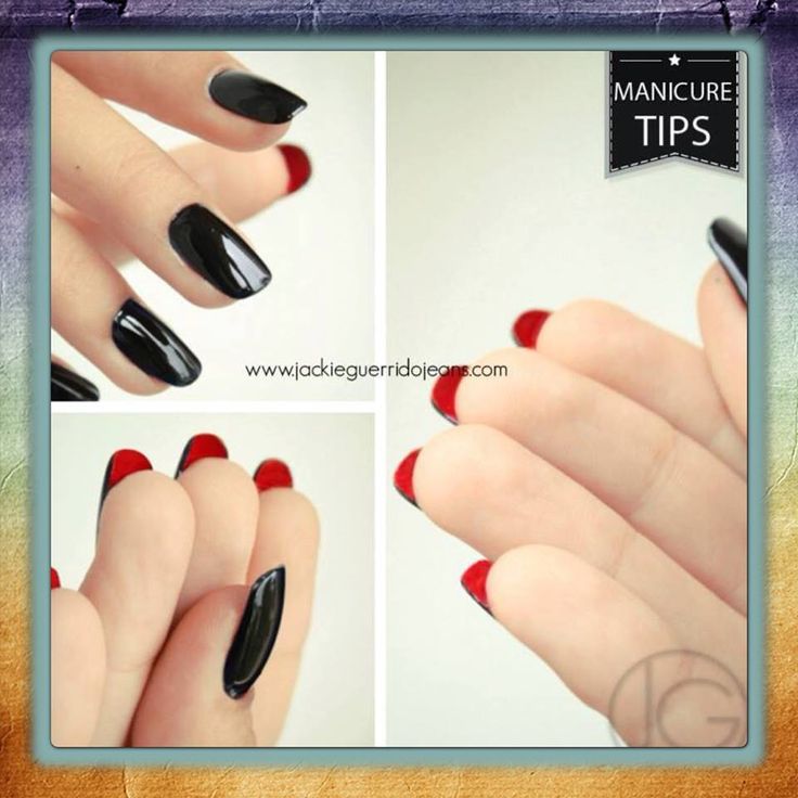 Chic Edgy French Manicure: Bold Black with Striking Red Tips.