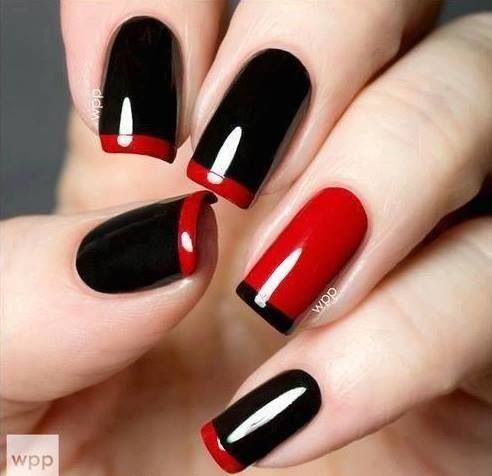 Chic Black and Red Geometric Nail Design with Glossy Finish.