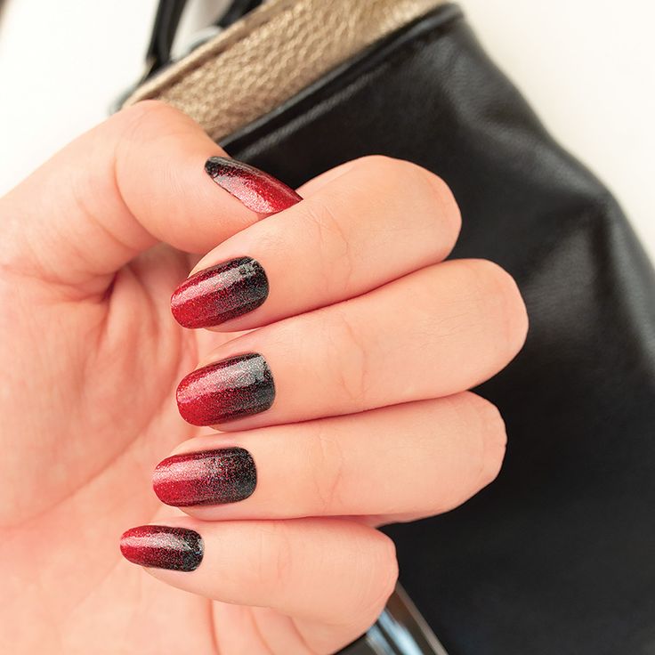 Bold Gradient Nail Design: Striking Deep Red and Black Hues with Elegant Shine.