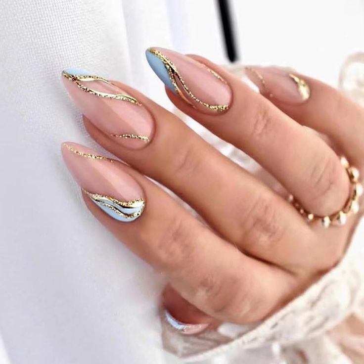 Elegant Almond-Shaped Nail Design with Gold Accents and Pastel Colors