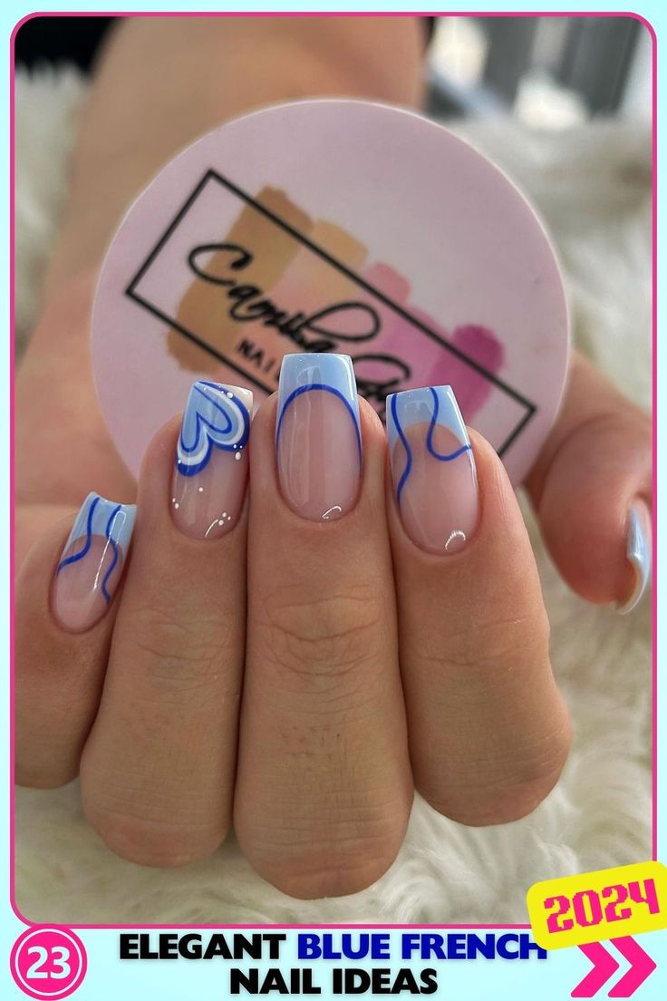 Chic Elegant Blue French Nails with Delicate Abstract Designs for a Stylish Statement.