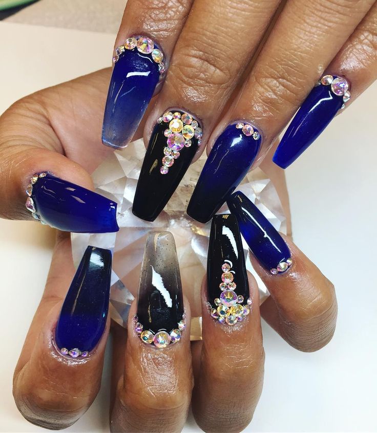 Elegant Bold Nail Design: Deep Blue and Black with Glamorous Rhinestone Accents