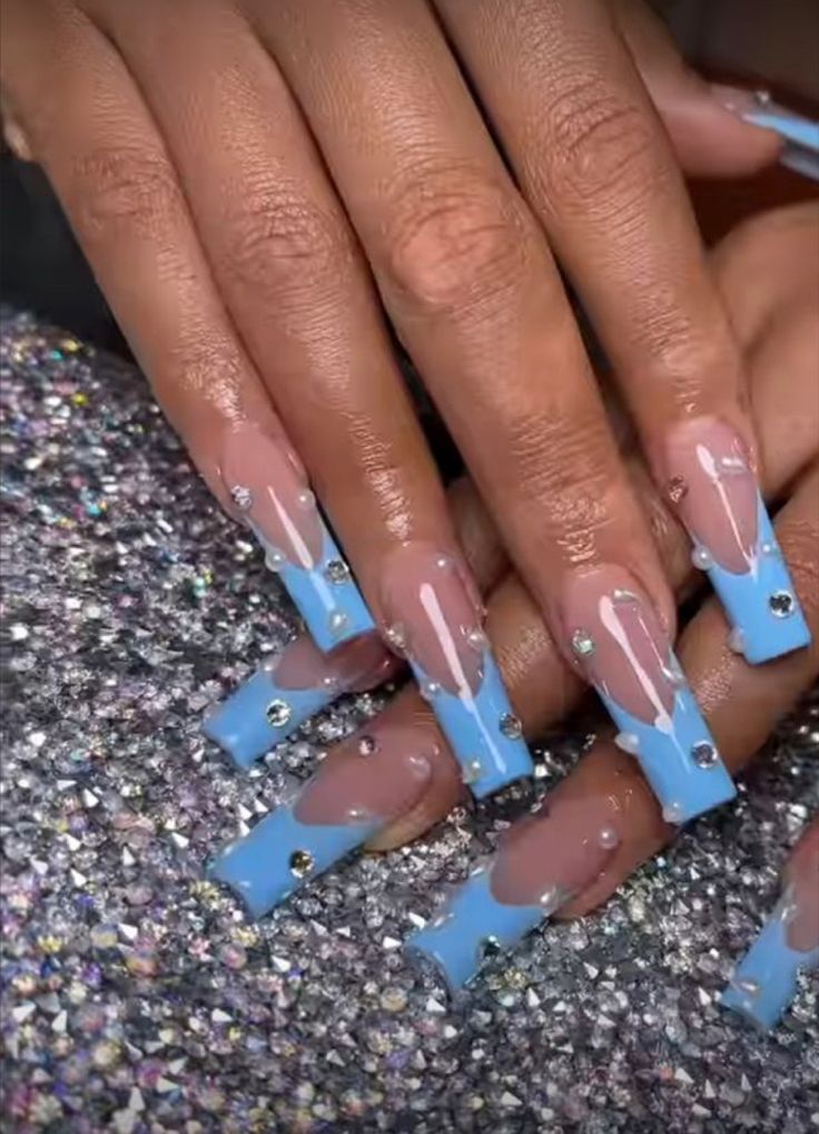 Elegant Blue and Nude Gradient Nail Design with Rhinestones