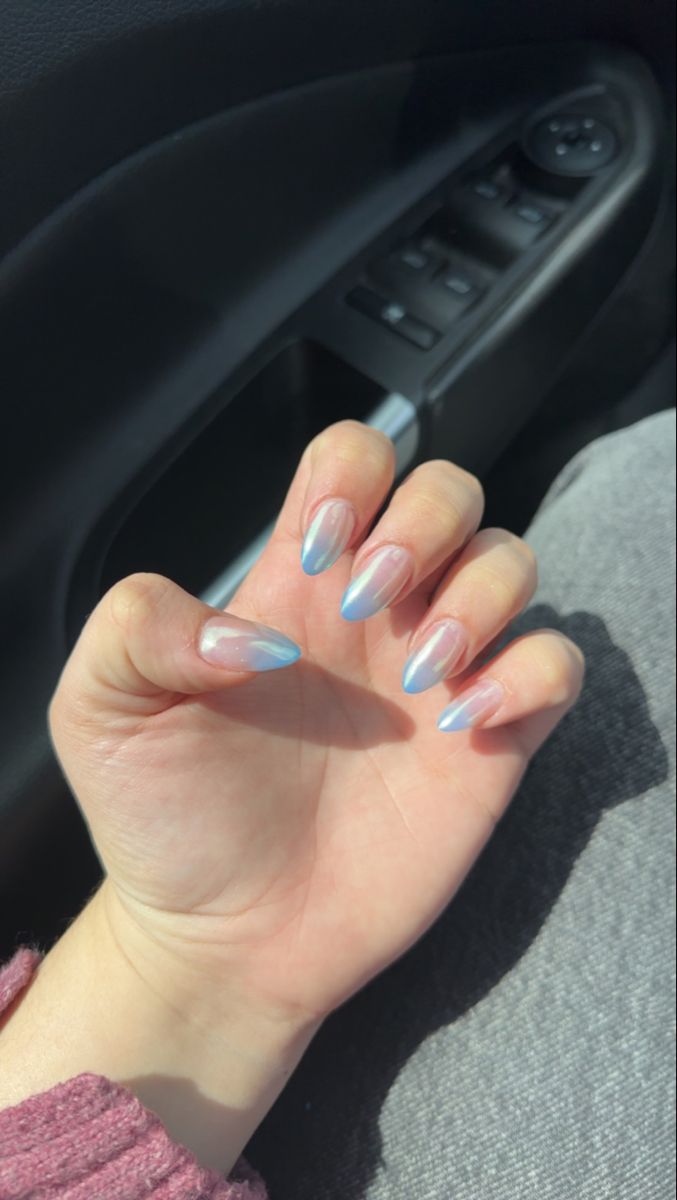 Chic Ombre Nail Design with Nude and Pastel Blue Tips for a Modern Look