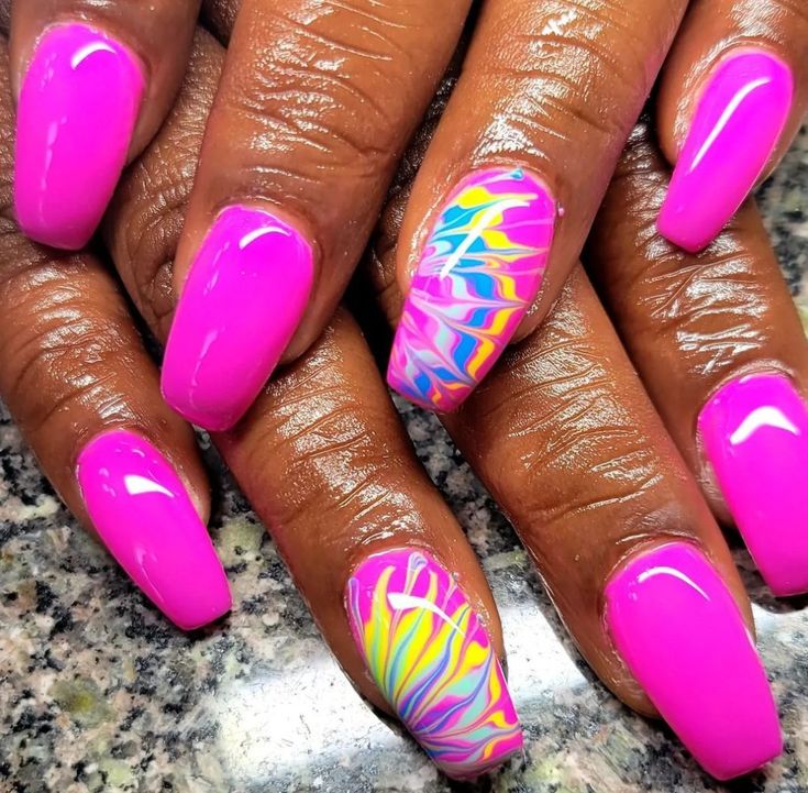 Bold Vibrant Pink Nails with Artistic Water Marble Accent for a Playful Statement.