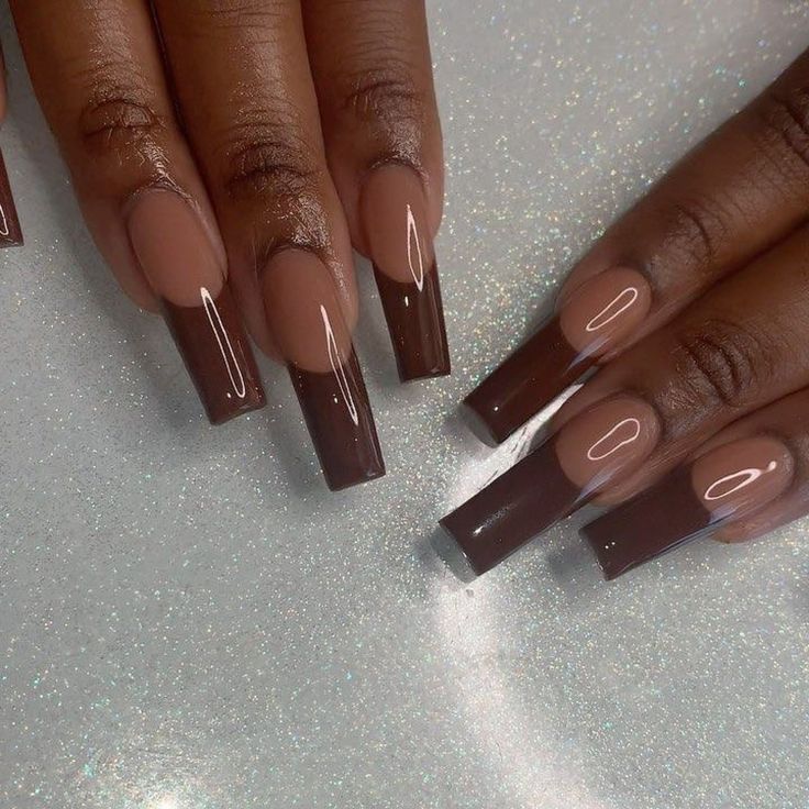 Chic Nude and Dark Brown Nail Design with Modern Glossy Square Tips.