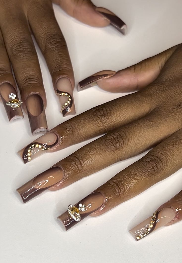 Brown Nails With Gold Rhinestones