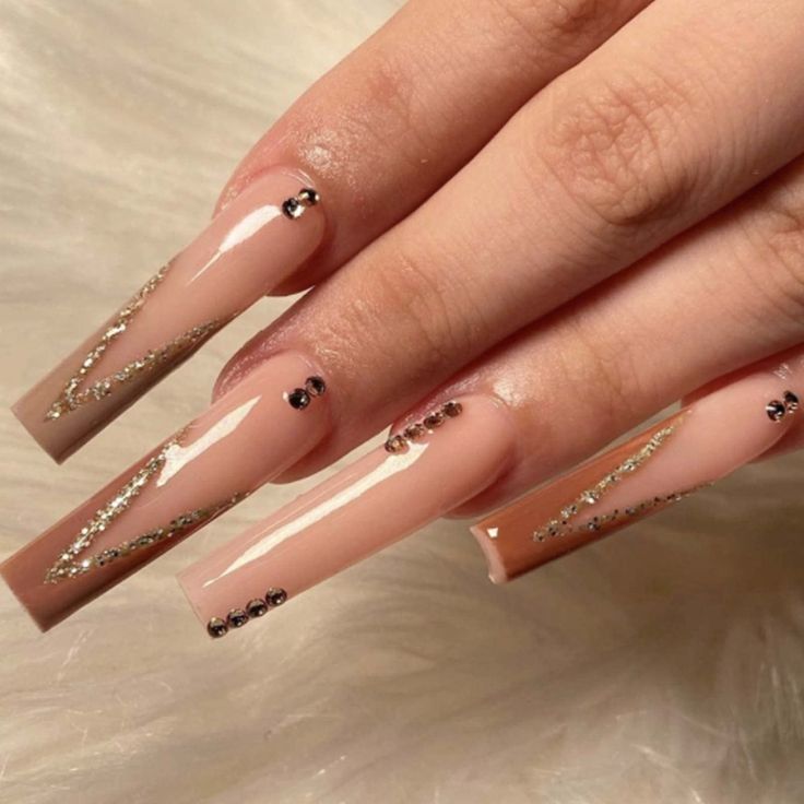 Sophisticated Elegance: Nude Long Nails with Gold Accents and Black Gemstones.