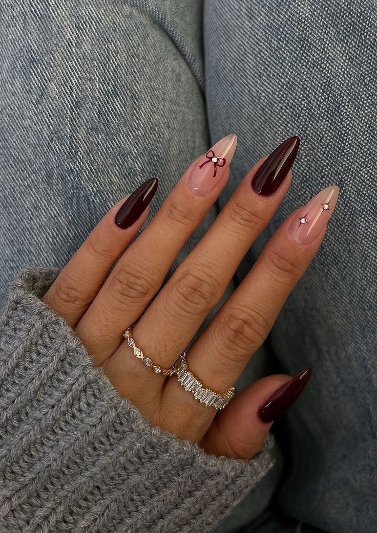 Chic Elegance: Deep Burgundy and Nude Floral Pointed Nail Design