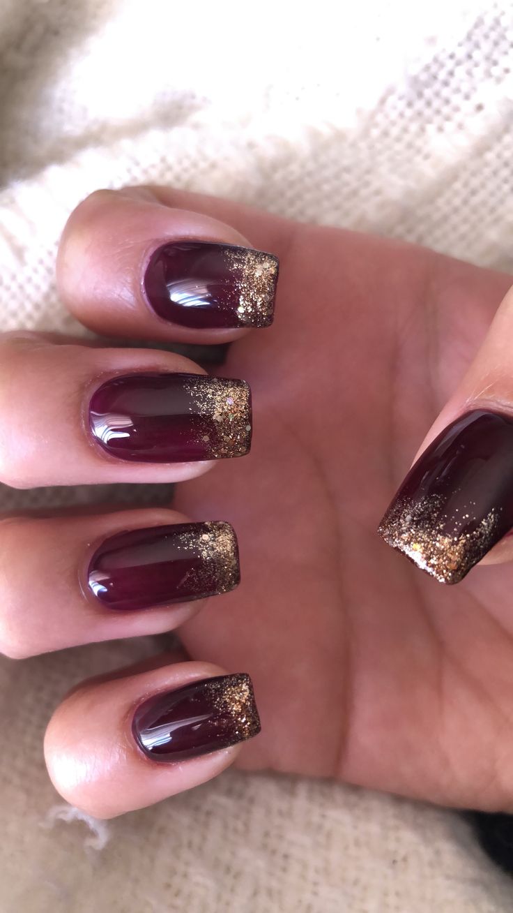 Chic Deep Burgundy and Gold Glitter Gradient Nail Design for Any Occasion