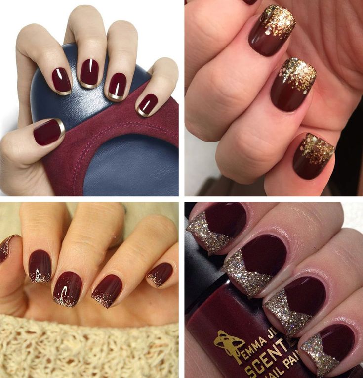 Chic Deep Burgundy Nail Designs with Glitter Accents for a Sophisticated Look.