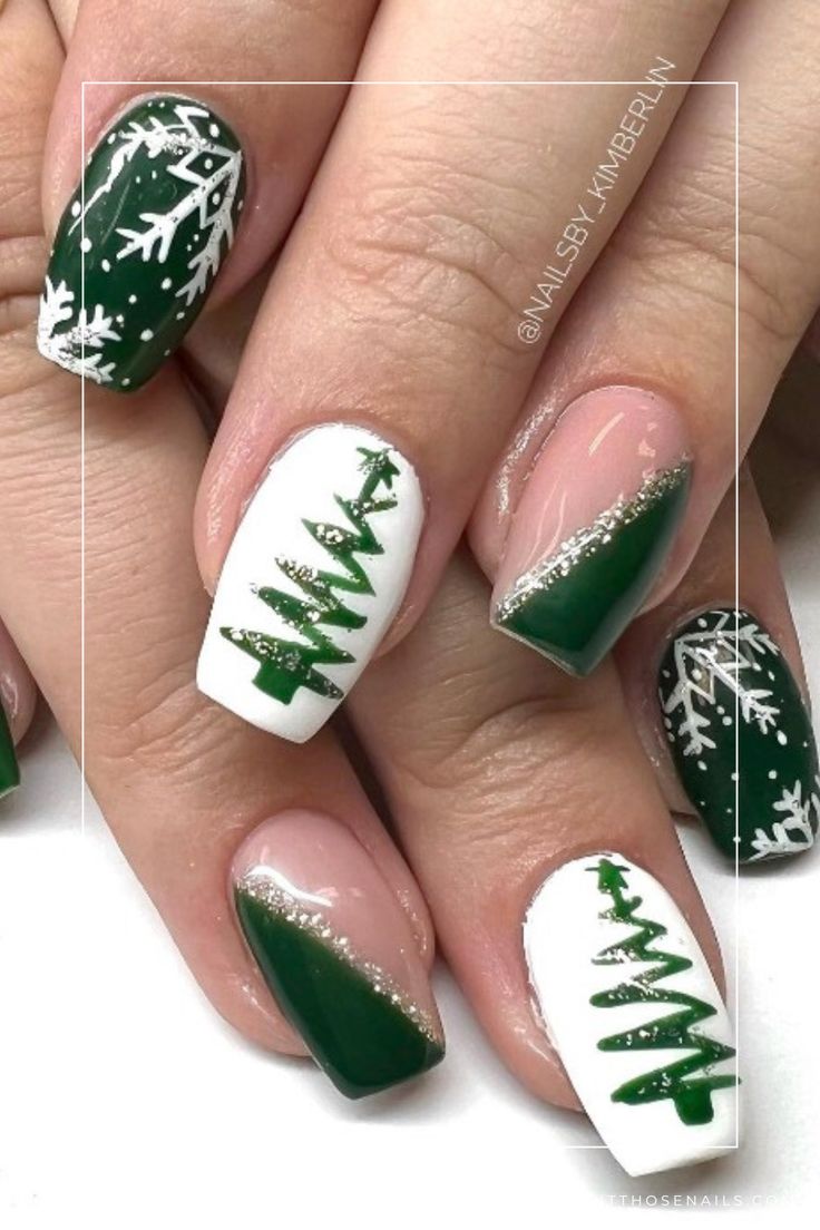 Elegant Winter-Inspired Holiday Nail Design with Glittery Christmas Trees and Snowflakes.