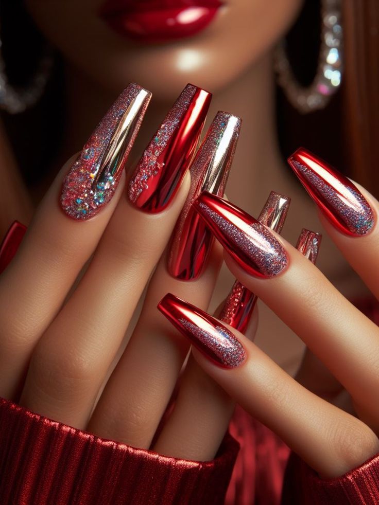 Elegant Red and Silver Nail Design with Glittery Accents for Glamorous Occasions