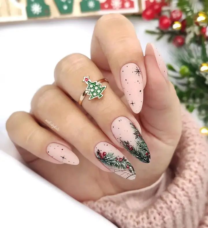 Charming Holiday-Inspired Nail Design with Nude Base and Festive Floral Accents.