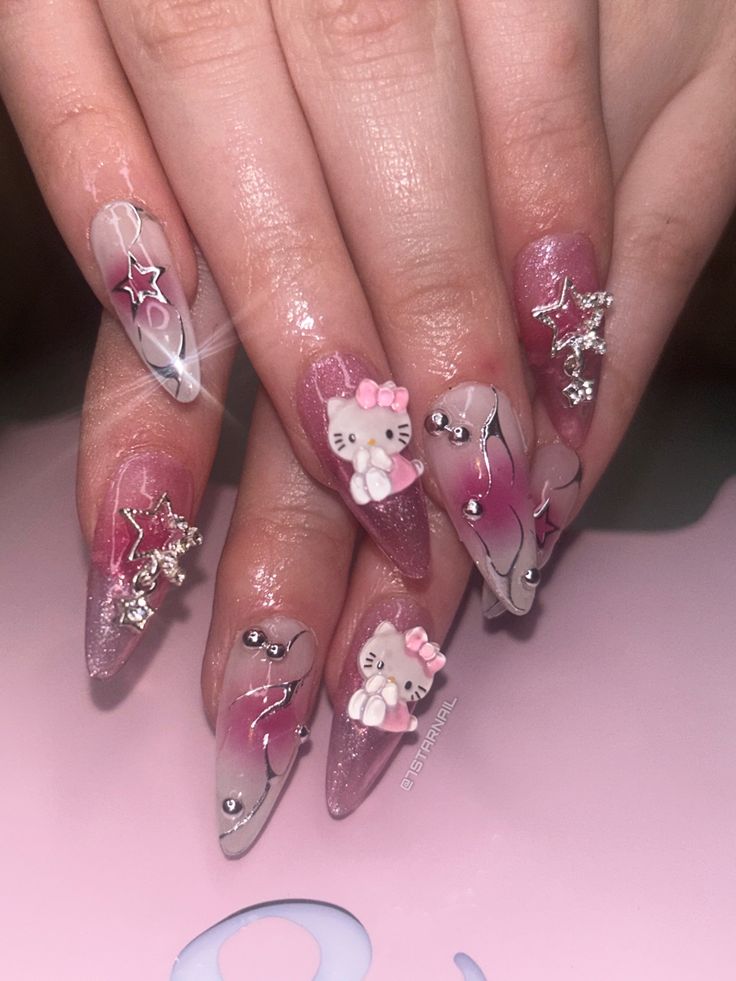 Playful Pink Nail Design with 3D Embellishments for a Charming Elegance.