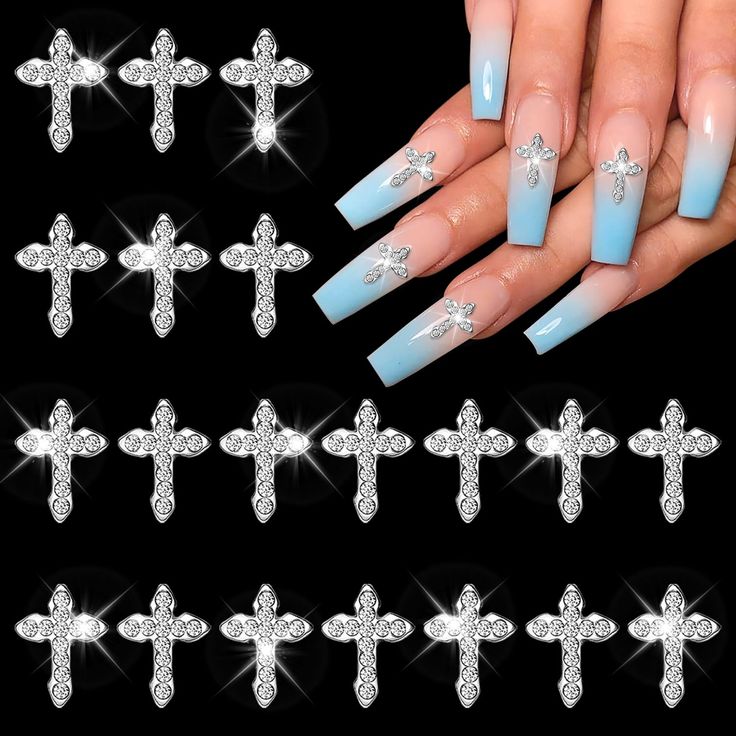 Elegant Ombre Blue Tip Nails with Glamorous Cross Accents