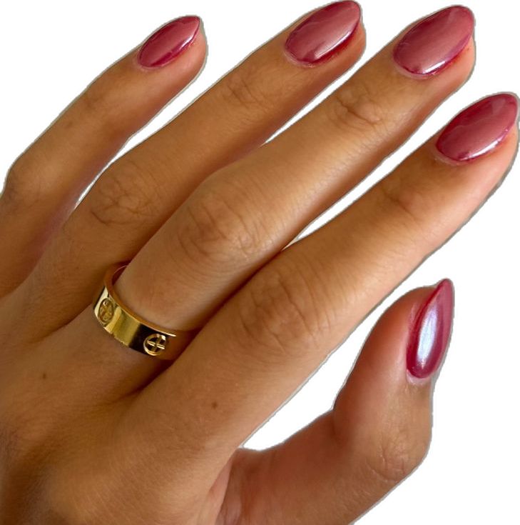 Sophisticated Almond-Shaped Nails in Glossy Berry, Elegantly Paired with a Minimalist Gold Ring.