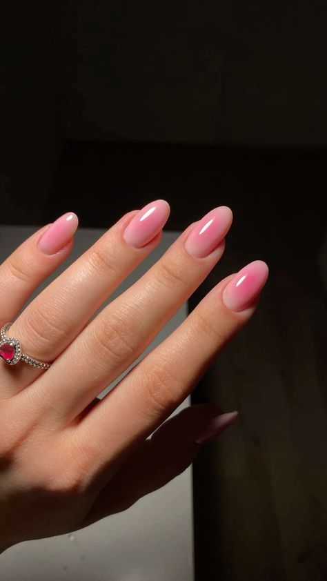 Chic Almond-Shaped Nails with a Soft Pink Gradient and Glossy Finish.