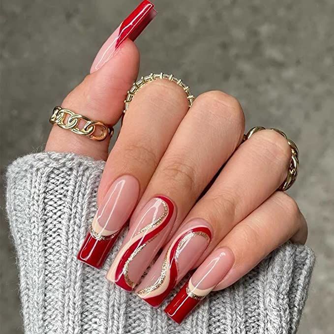 Sophisticated Elegant Nail Design: Long Square Tips with Red and Nude Fusion and Glitter Accents.